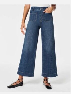SPANX Shape EveryWear Wide Leg Cropped Pull-On Jeans Patch Pockets Blue Size S